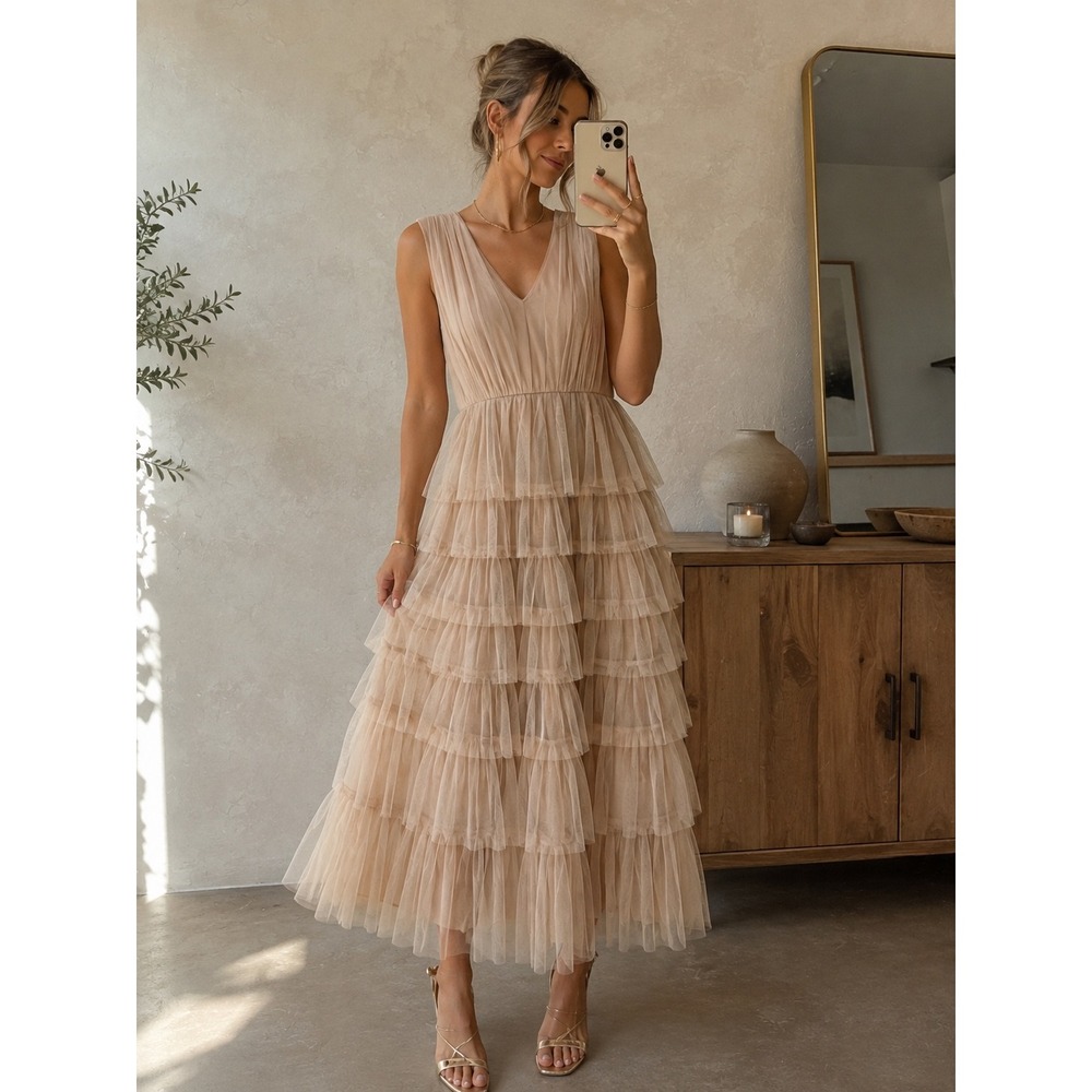 Sundance Blush Pink Tiered Tulle Midi Dress Pleated V-Neck Keyhole Back Size 10